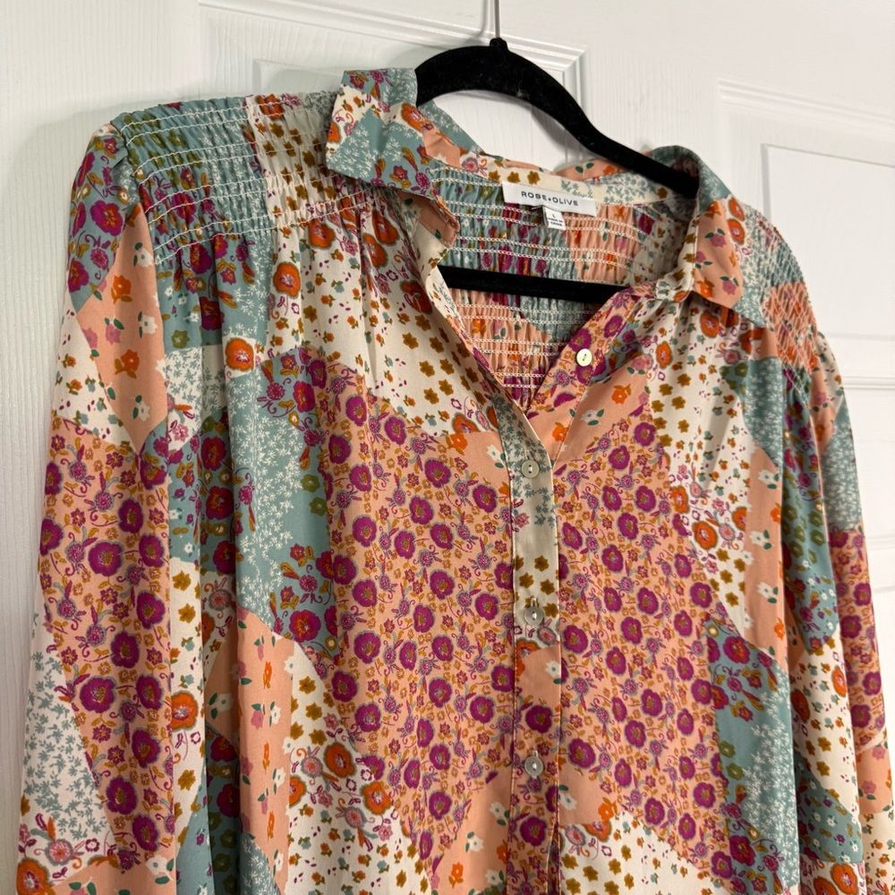 Rose & Olive Multicolor Floral Patchwork Blouse with Ruffles Size Large - Picture 4 of 6